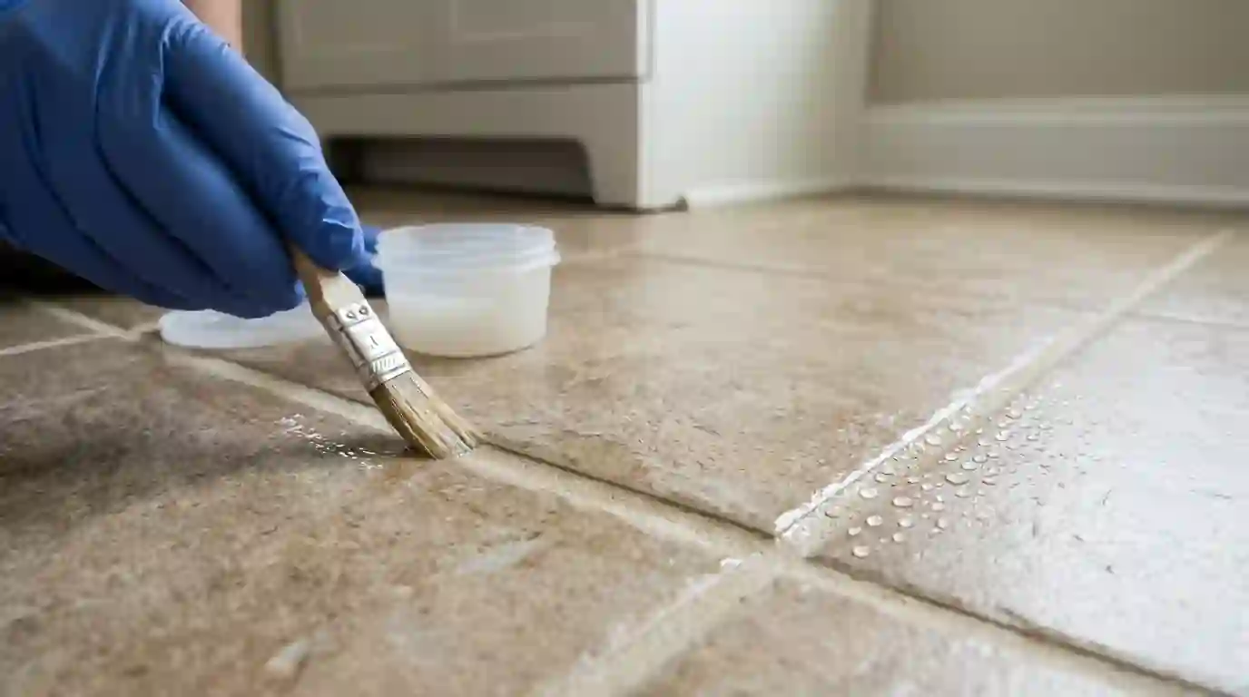 Clear sealer brushed onto clean grout joints in a bathroom