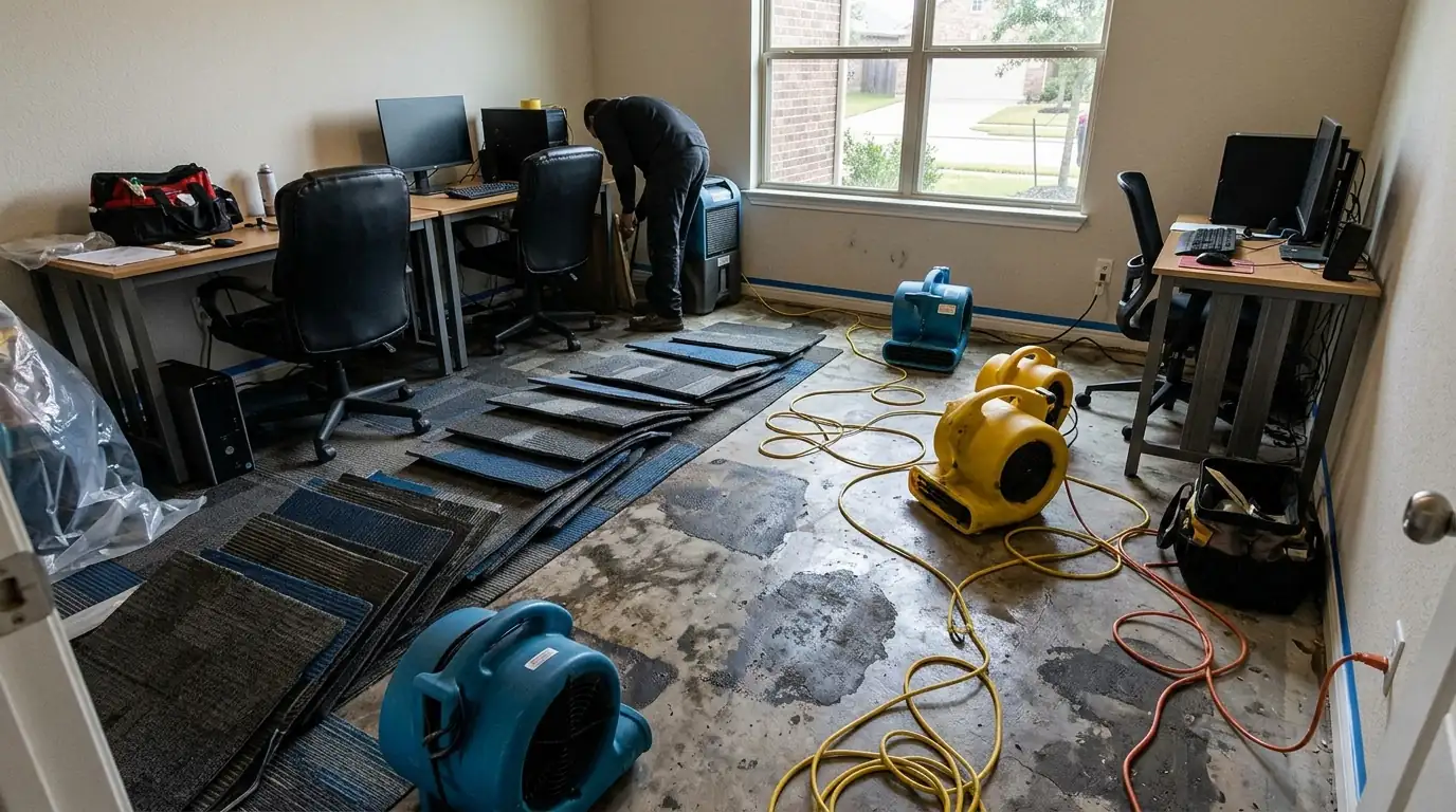 Carpet tiles lifted to dry the slab in a Kemah office