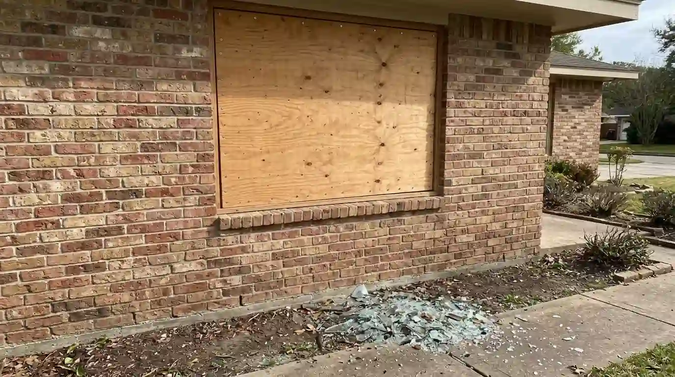 Plywood board-up over a broken window after a storm