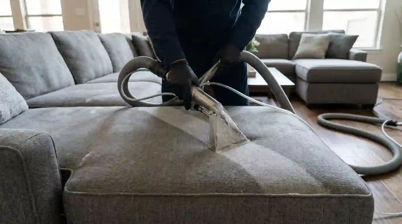 Upholstery tool cleaning a stripe across a gray sectional cushion