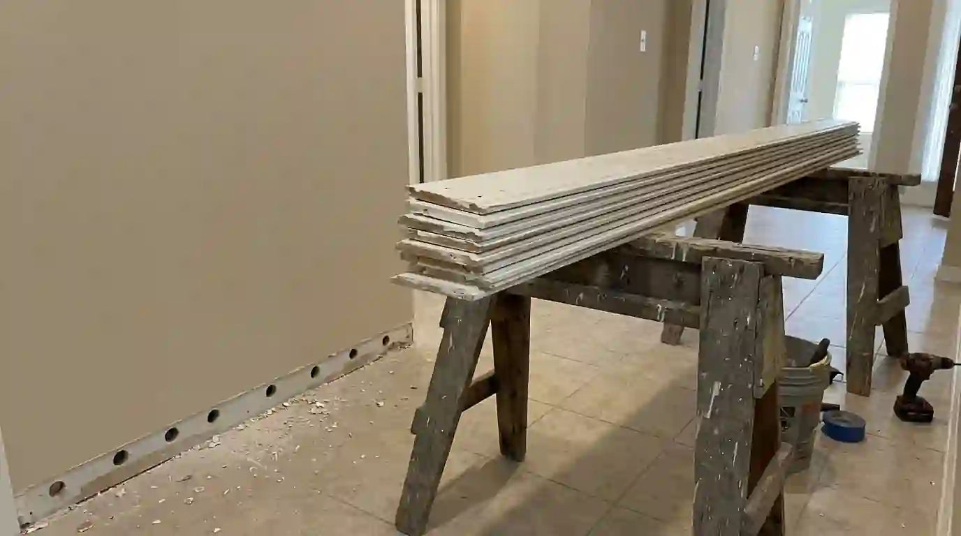 Wet baseboards removed and stacked for drying beside a hallway wall