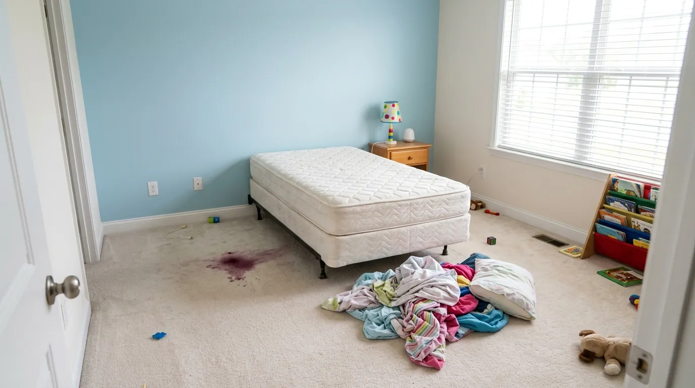 Mattress and carpet ready for cleaning in a Mar Bella family bedroom