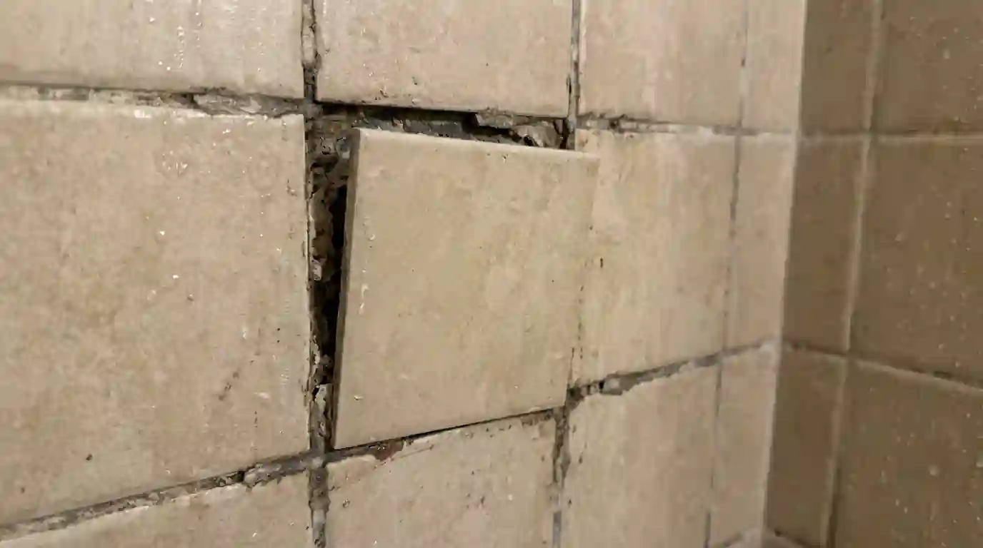 Cracked dark grout and a loose tile signaling a hidden shower leak