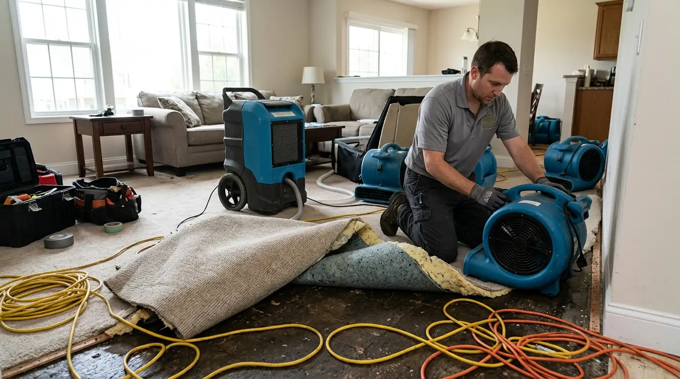 Technician setting dehumidifiers and air movers in a League City living room after a water leak