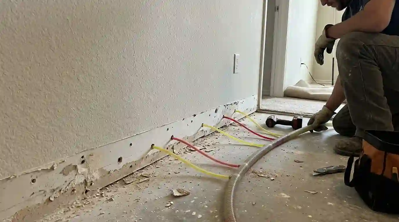 Cavity drying hoses feeding air into a wet wall behind the baseboard