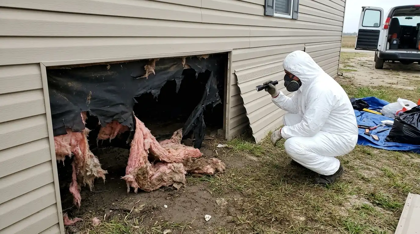 Wet insulation hanging under a manufactured home floor in Santa Fe
