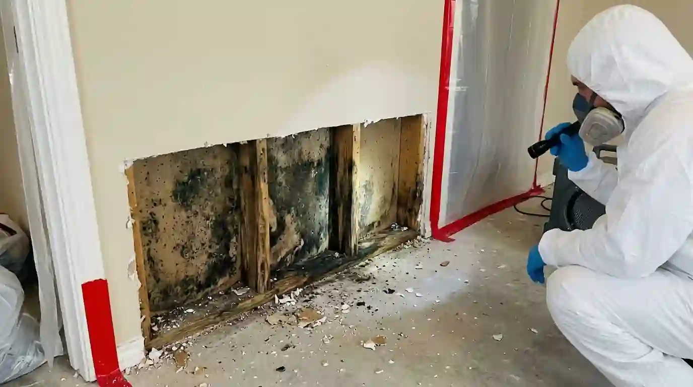 Mold on the back of drywall and the bottom plate after a hidden leak