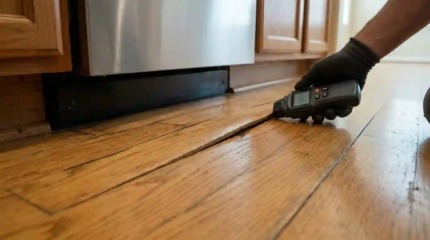 Cupped hardwood boards with raised edges after a leak