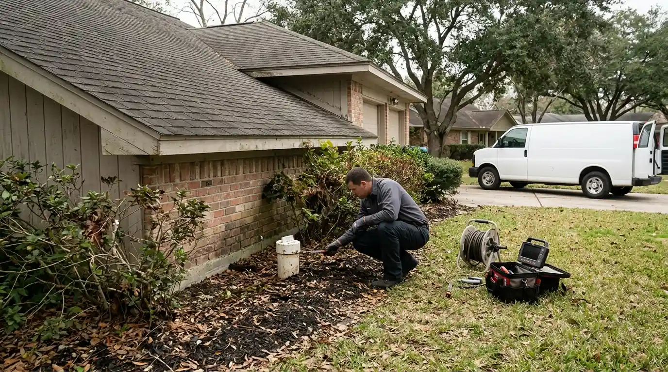 Sewer cleanout beside an older one-story La Marque house