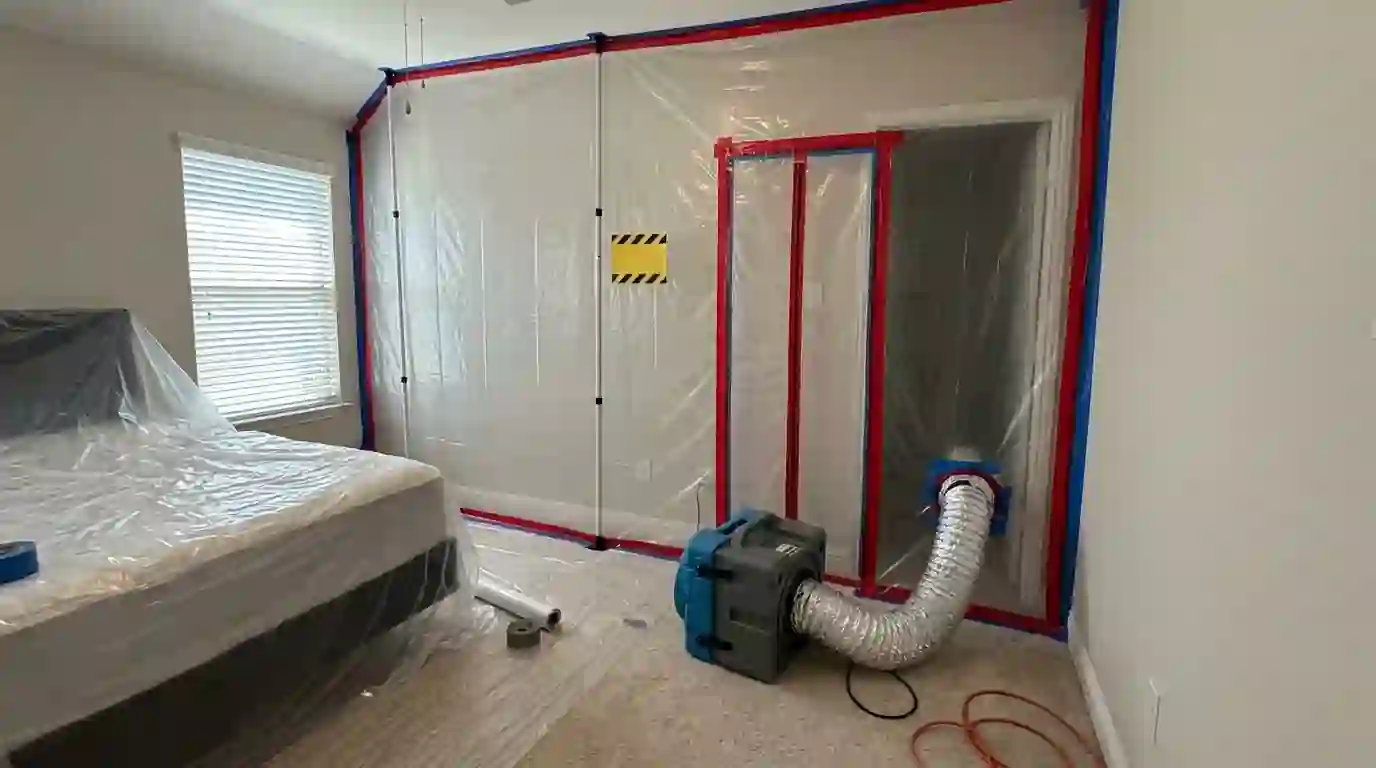 Plastic containment with a zippered entry around a mold work area