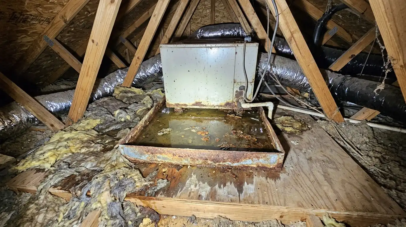 Overflowing AC drain pan in a Tuscan Lakes attic
