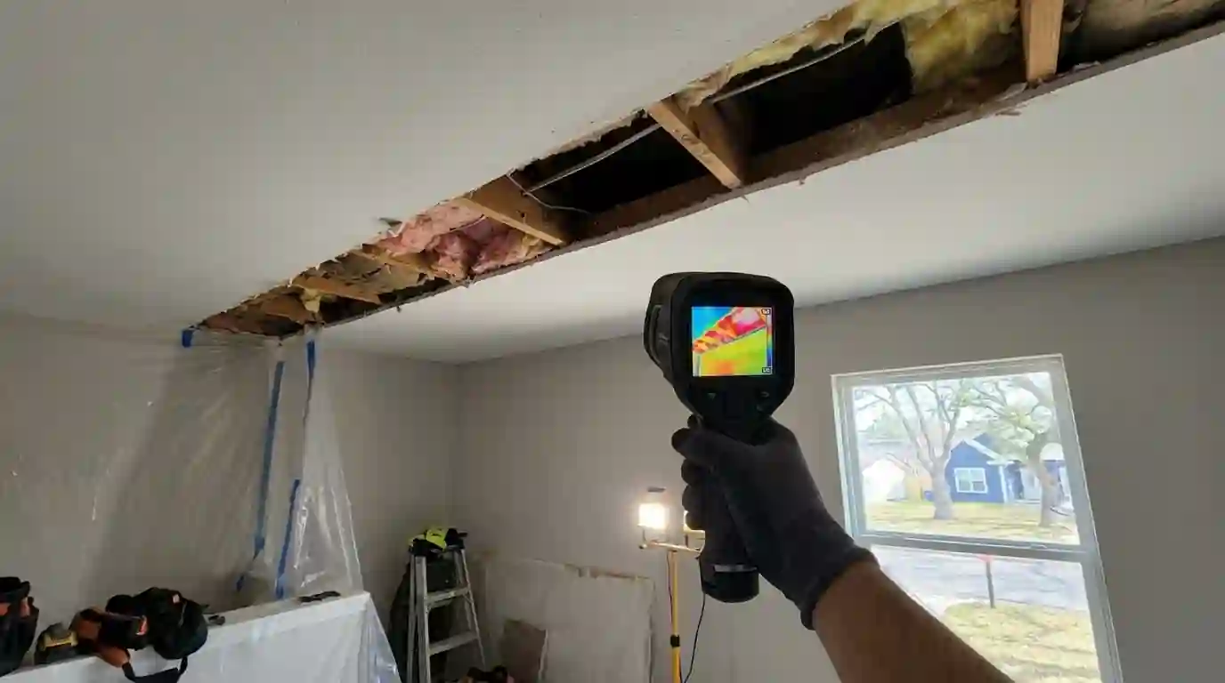 Opened ceiling below an upstairs bathroom leak being checked with a thermal camera