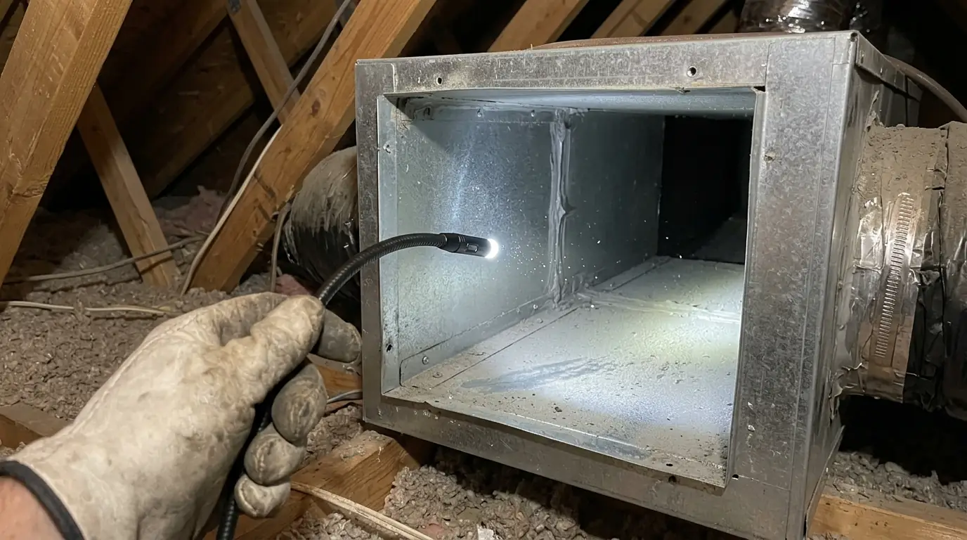 Inspection camera checking inside an attic supply plenum before any cleaning