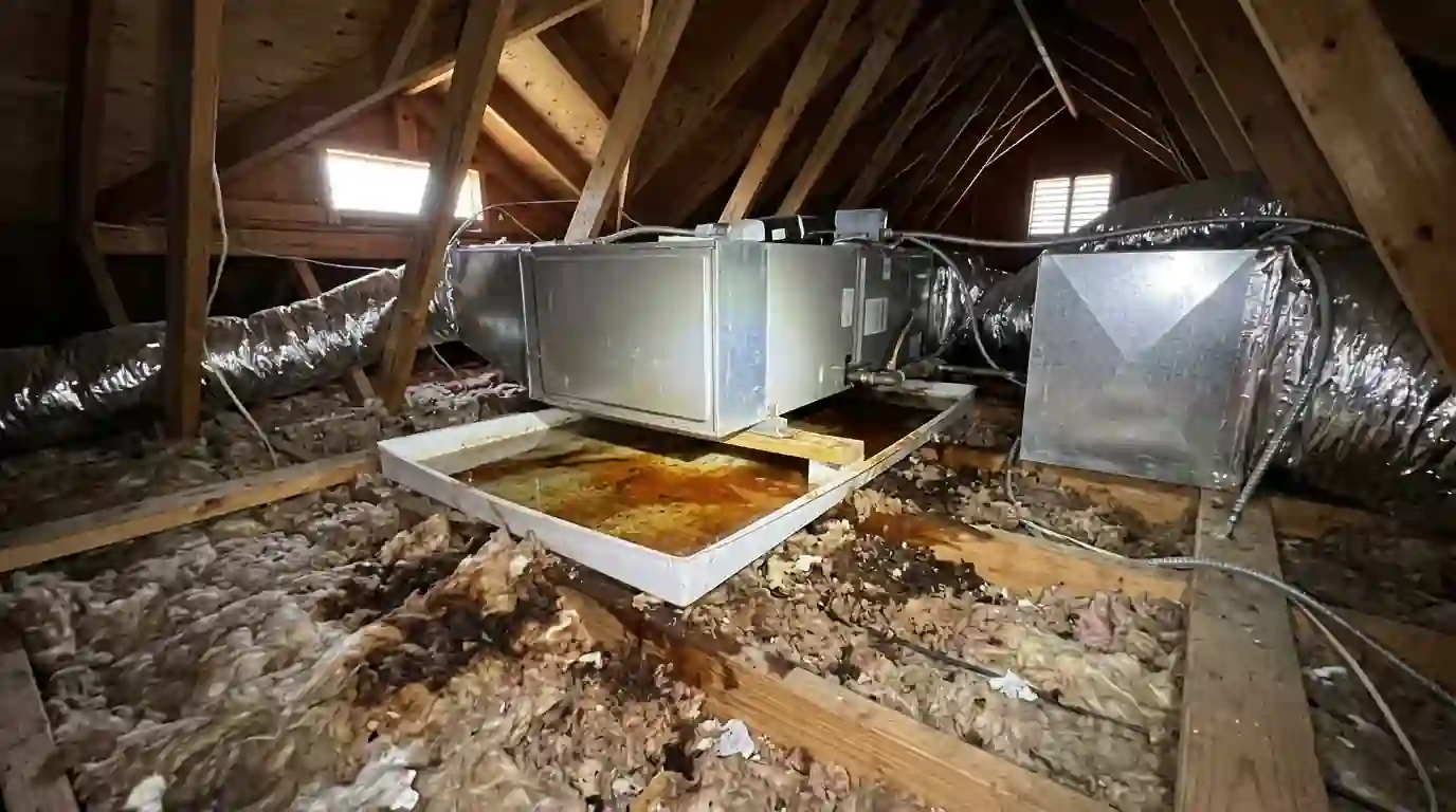 Overflowing attic AC drain pan that soaked the insulation around it