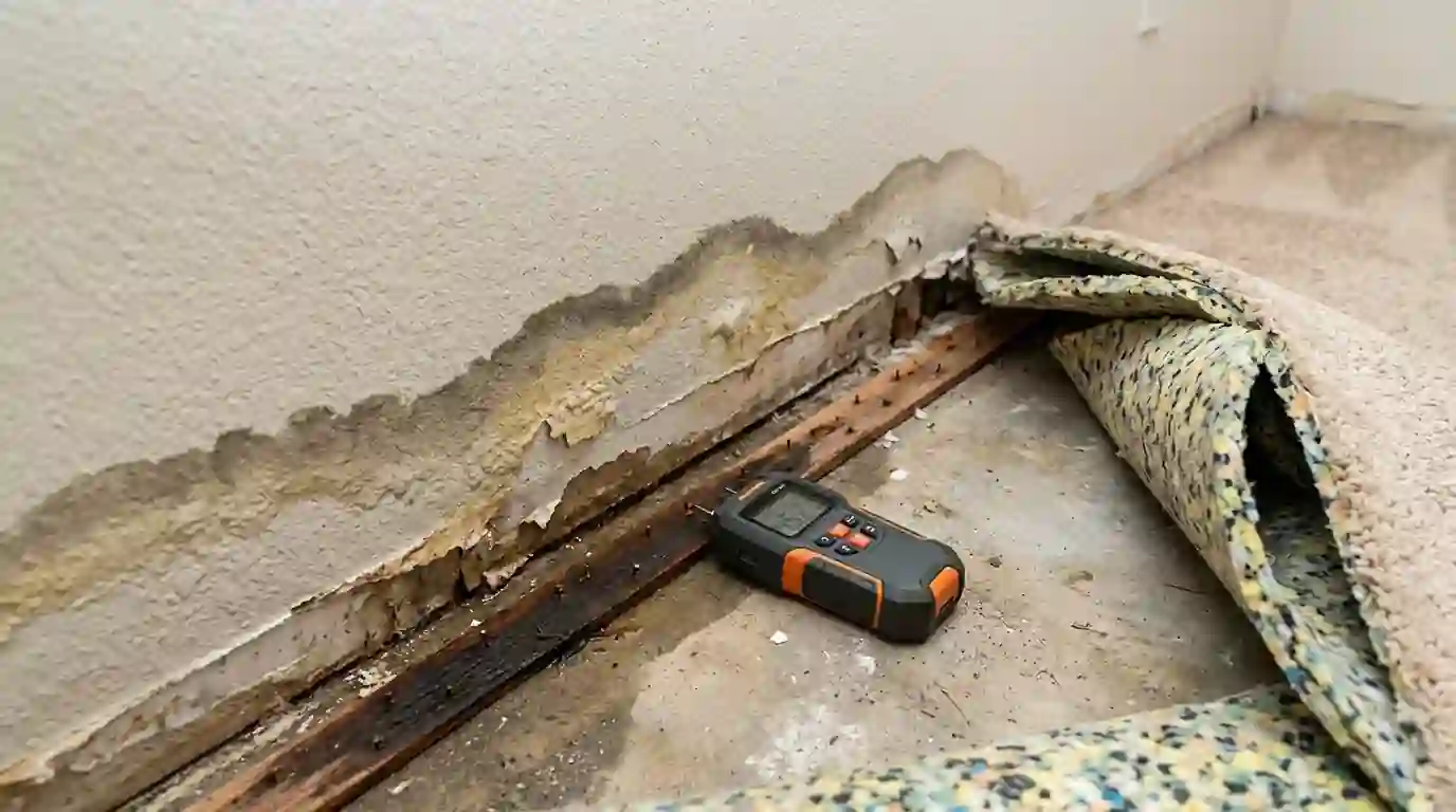 Waterline on a bedroom wall documented for an insurance claim