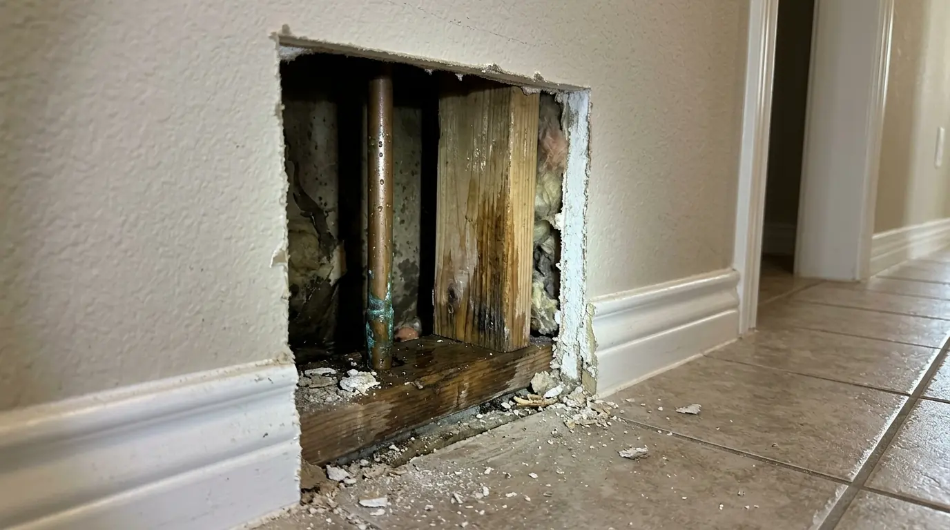 Drywall opened to reach a leaking pipe inside a hallway wall