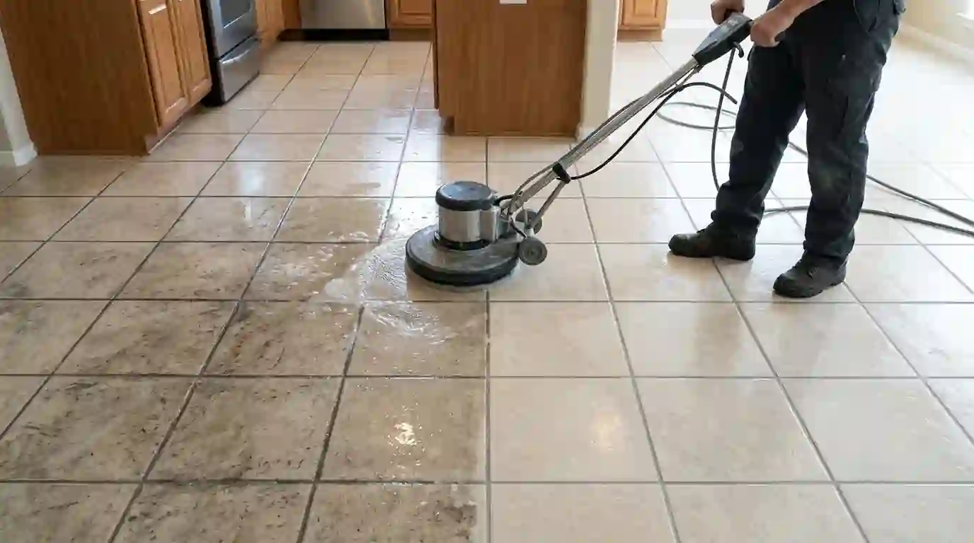 Kitchen porcelain floor with half the grout lines cleaned