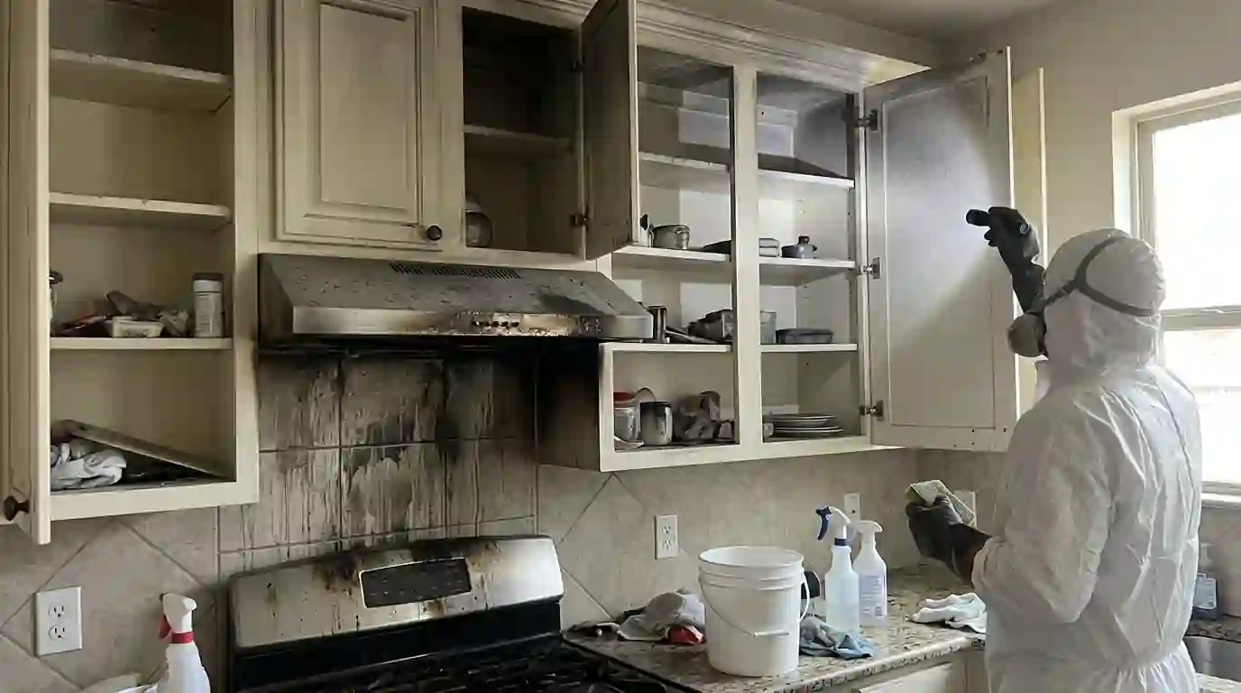 Soot film inside kitchen cabinets after a stovetop fire