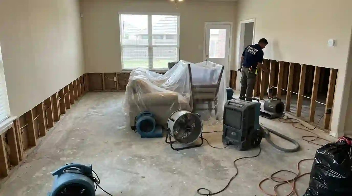 Flood cut drywall and bare studs drying after floodwater entered a home