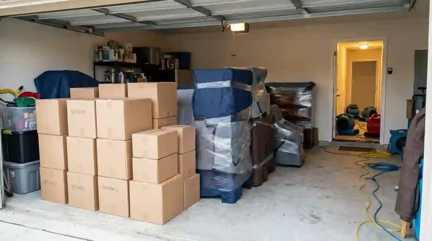 Packed boxes and wrapped furniture moved out of the wet rooms