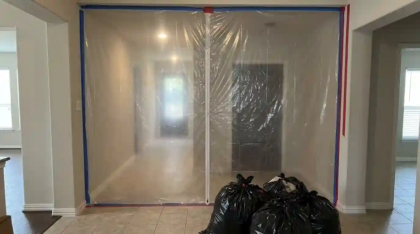 Plastic containment sealing off rooms during sewage cleanup