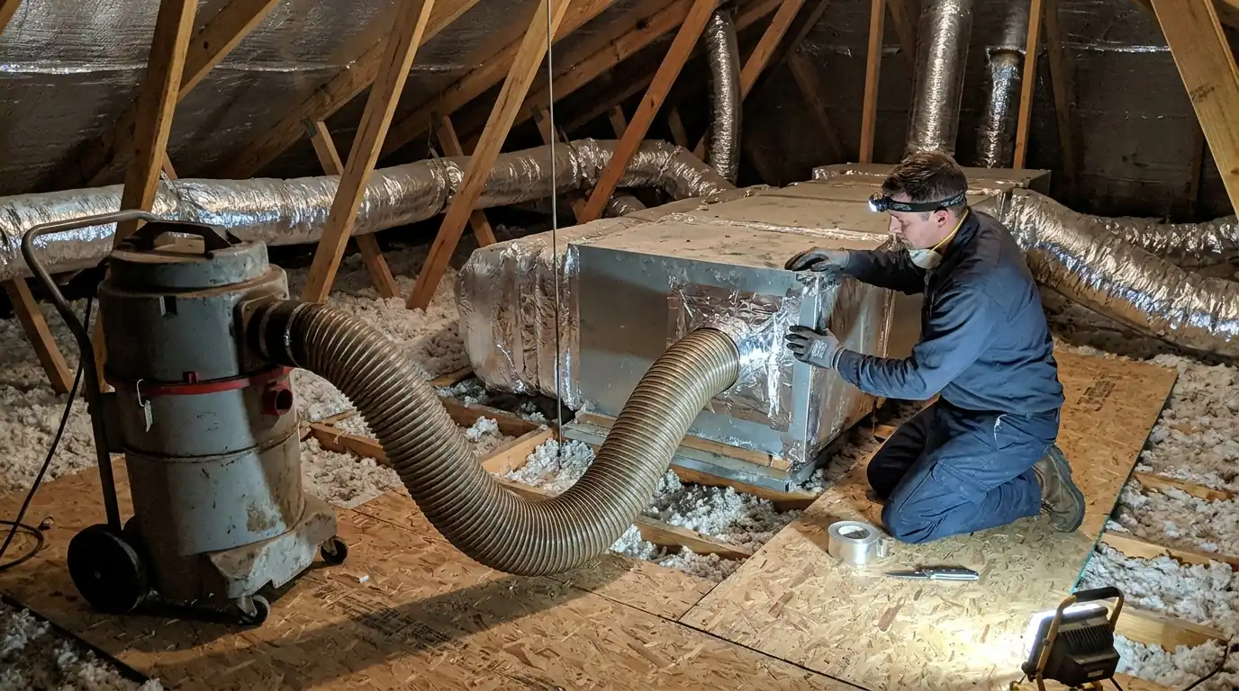 Duct vacuum connected to an attic plenum for negative pressure