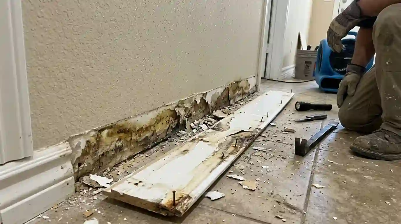 Swollen baseboard removed from wet lower drywall