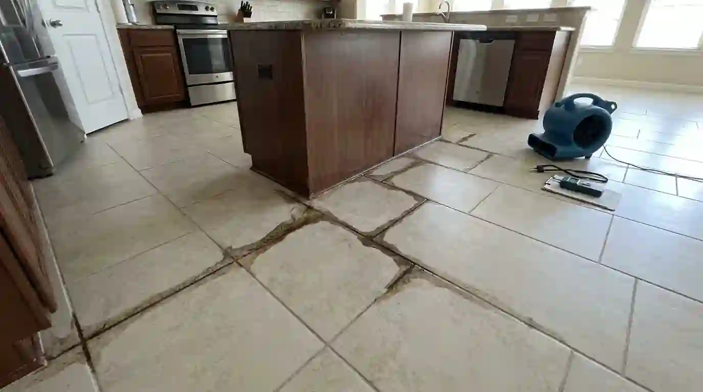 Damp grout lines on tile above a slab leak