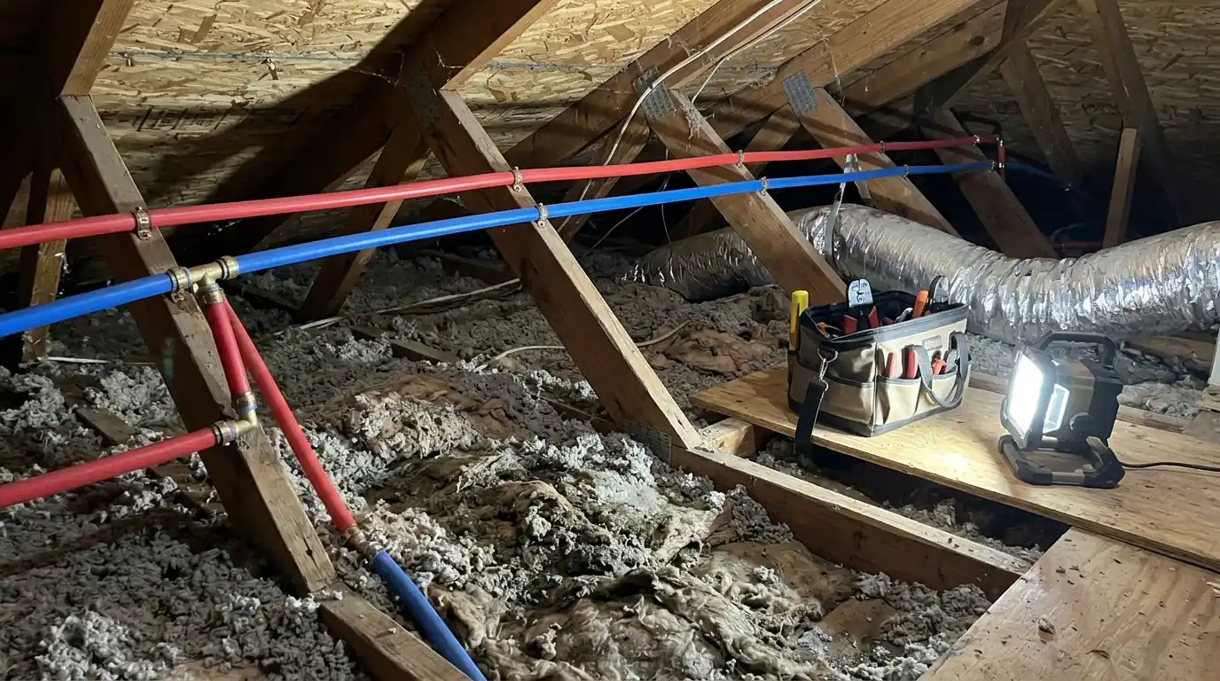 PEX lines and fittings in an attic above wet insulation