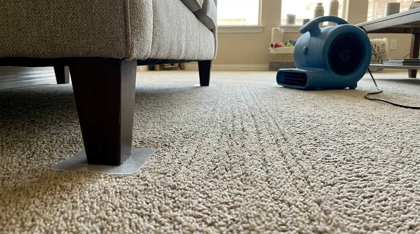 Furniture on protective tabs while groomed carpet dries
