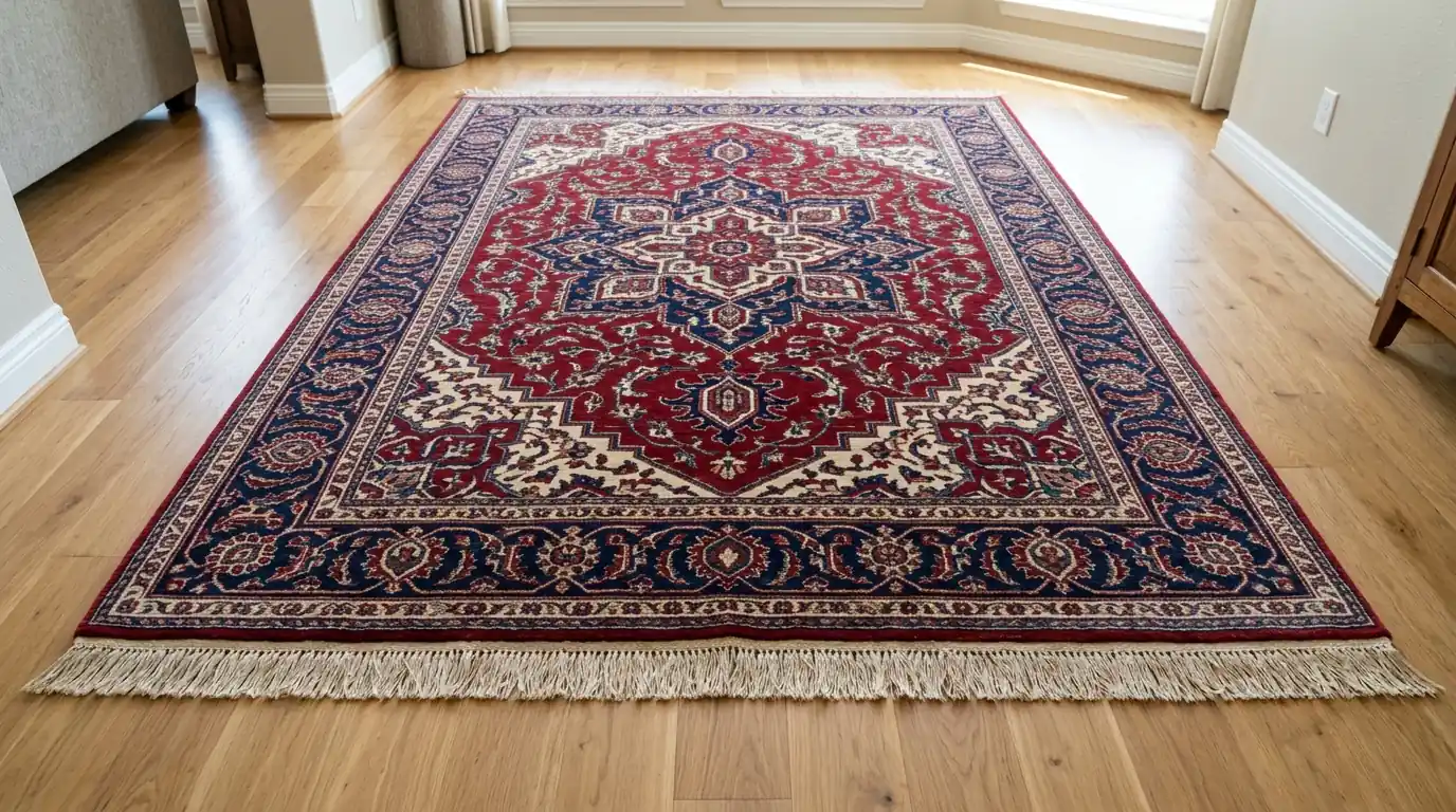 Hand-knotted wool area rug laid flat after cleaning