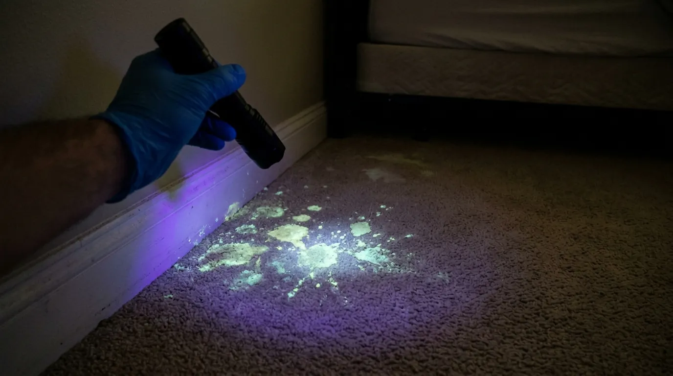 UV light showing hidden pet urine spots along a bedroom wall