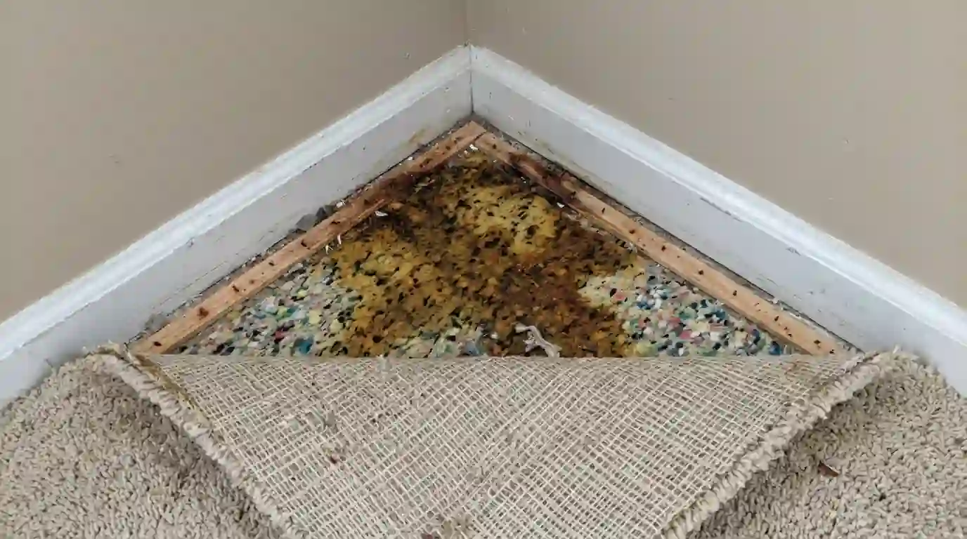 Urine-soaked pad and tack strip exposed on a slab floor