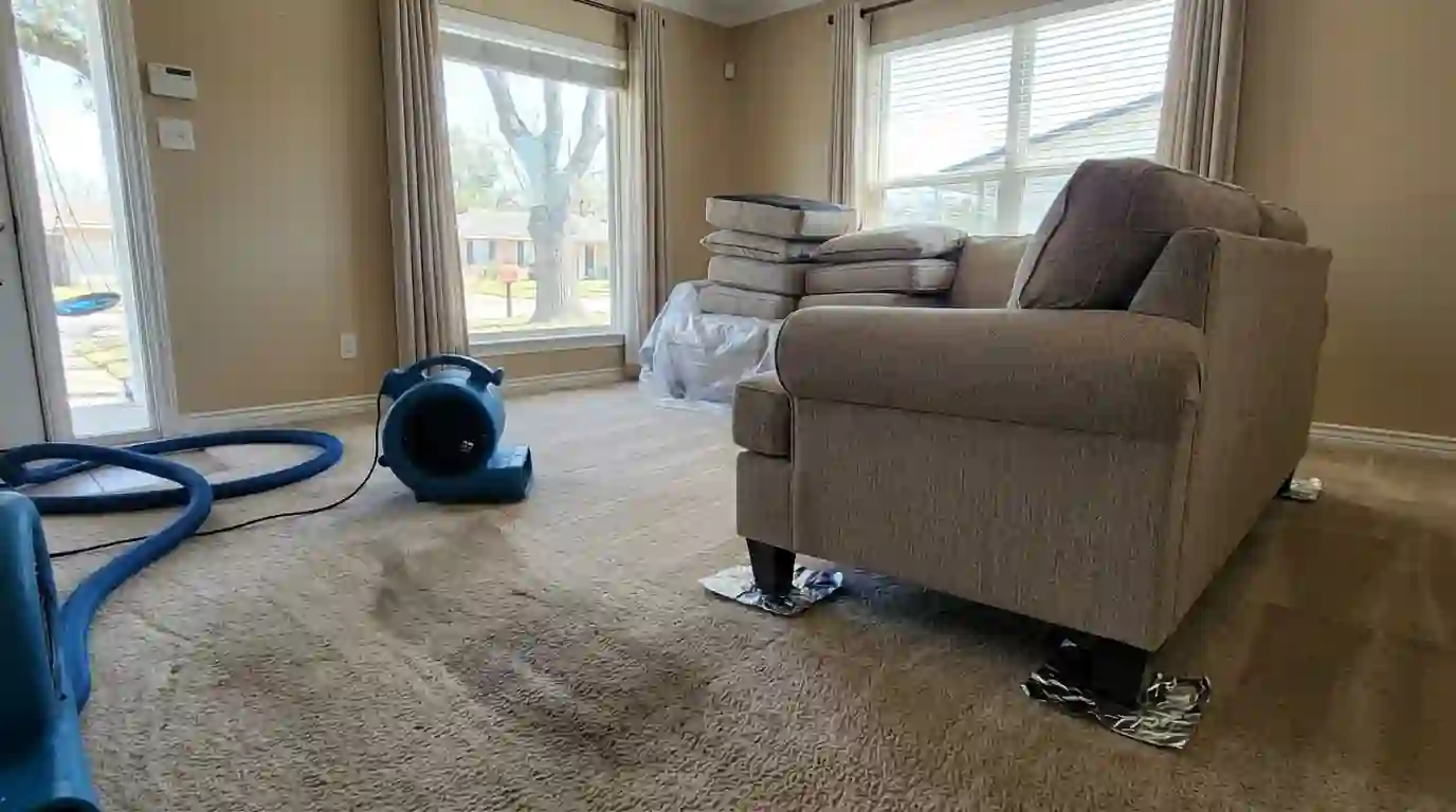 Foil tabs under sofa legs to keep stain off wet carpet