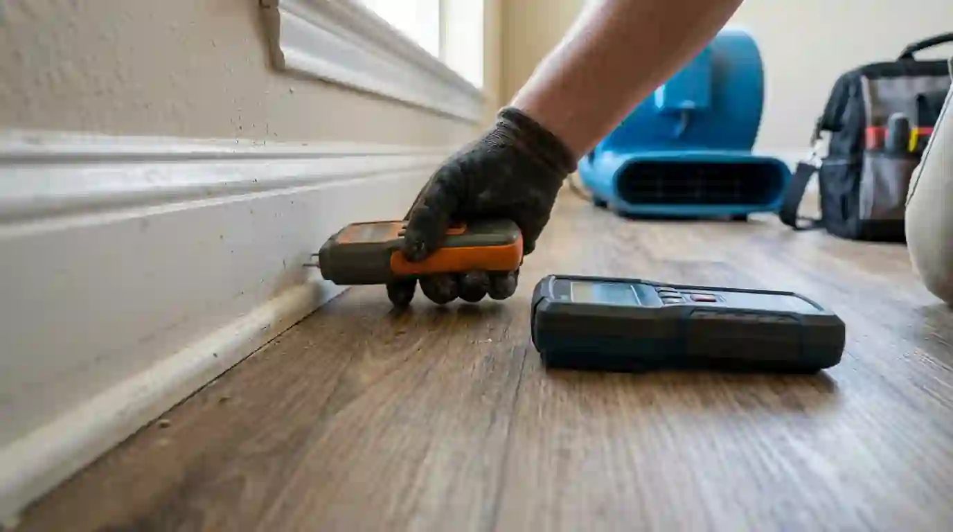 Pin and pinless moisture meters reading baseboard and flooring