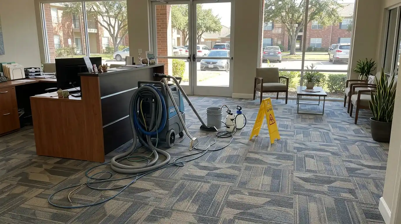 Leasing office carpet tiles ready for cleaning