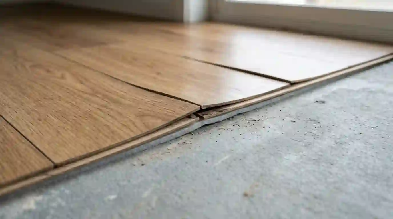 Swollen laminate planks lifted off a slab beside vinyl plank