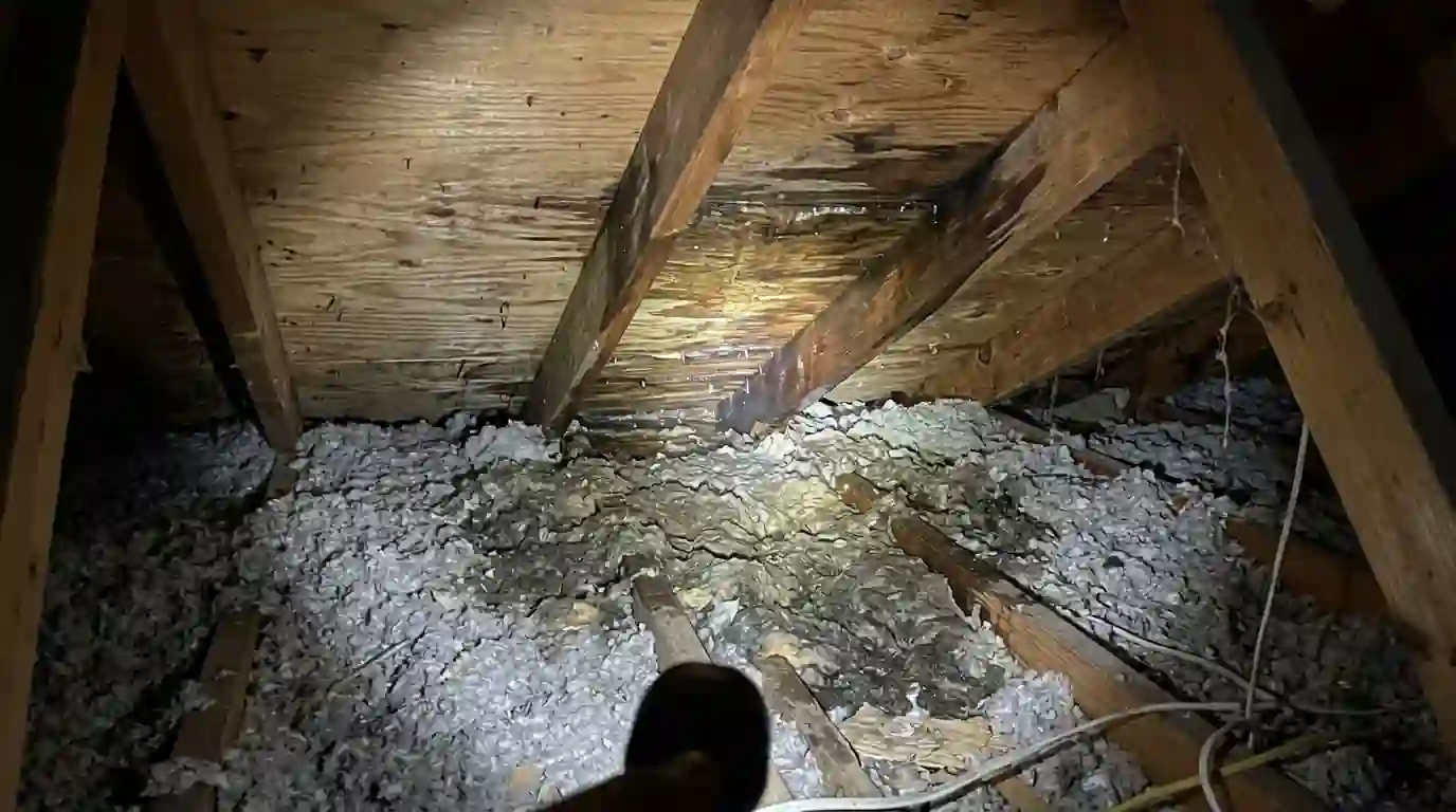 Soaked attic insulation under a storm-damaged roof