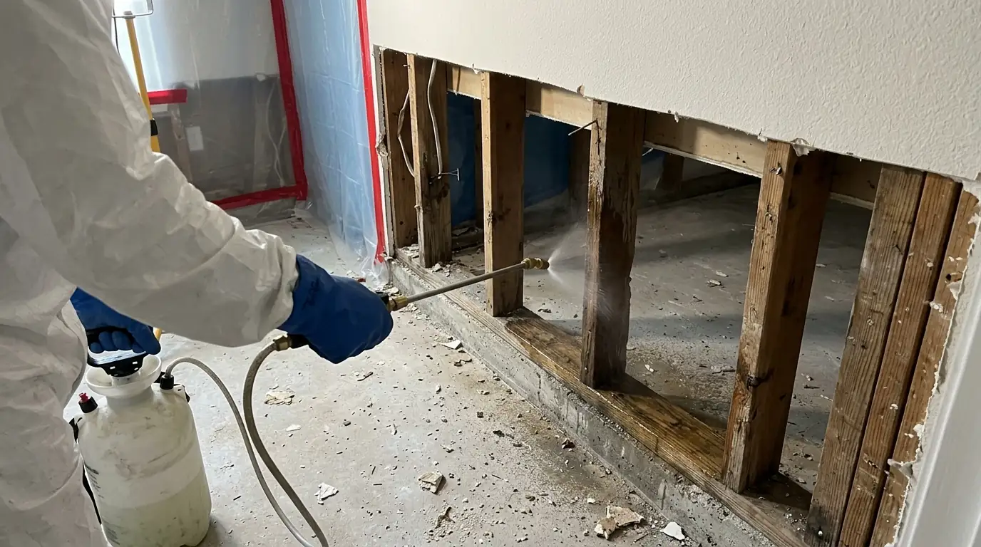 Antimicrobial misted onto cleaned wall framing after water damage