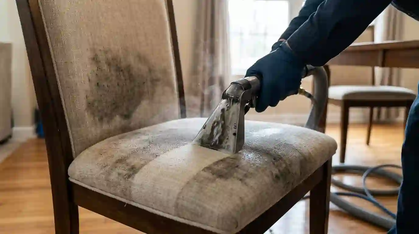 Stained fabric dining chair seats waiting to be cleaned