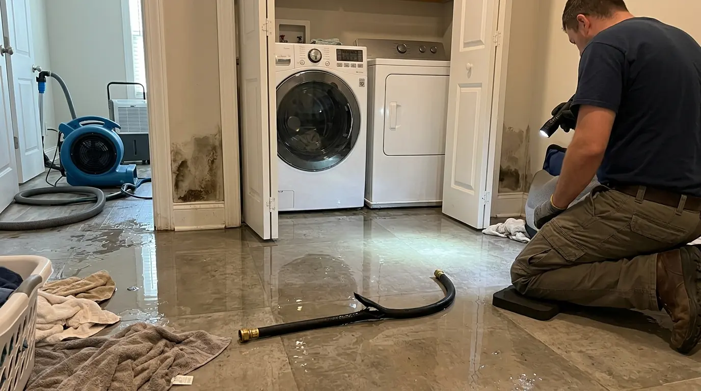 Water around a washing machine after a fill hose burst