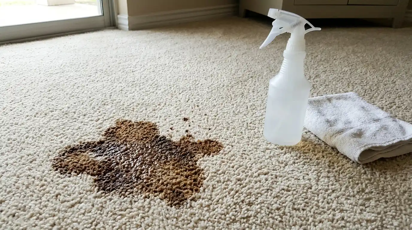 Coffee stain on cream carpet ready for spot treatment