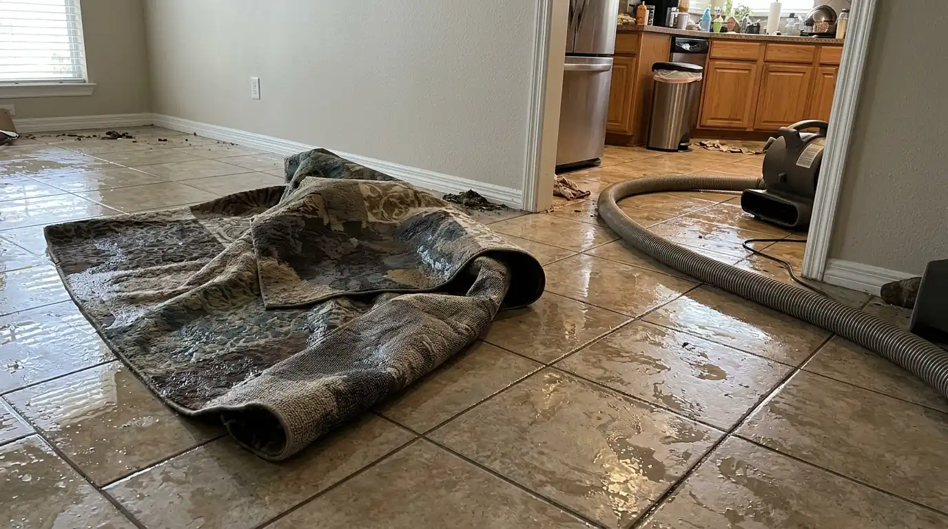 Synthetic area rug soaked by a kitchen leak on tile