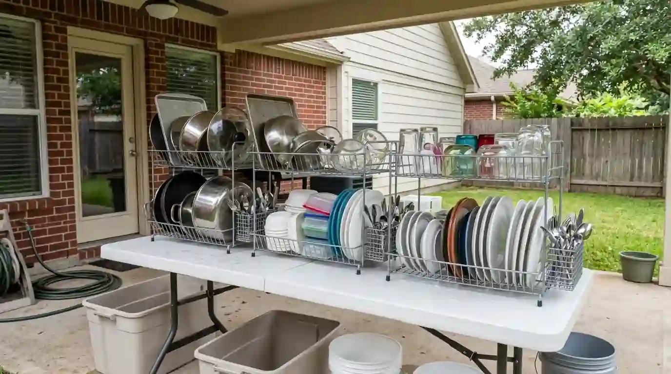 Salvaged dishes and pots cleaned and drying after a water loss