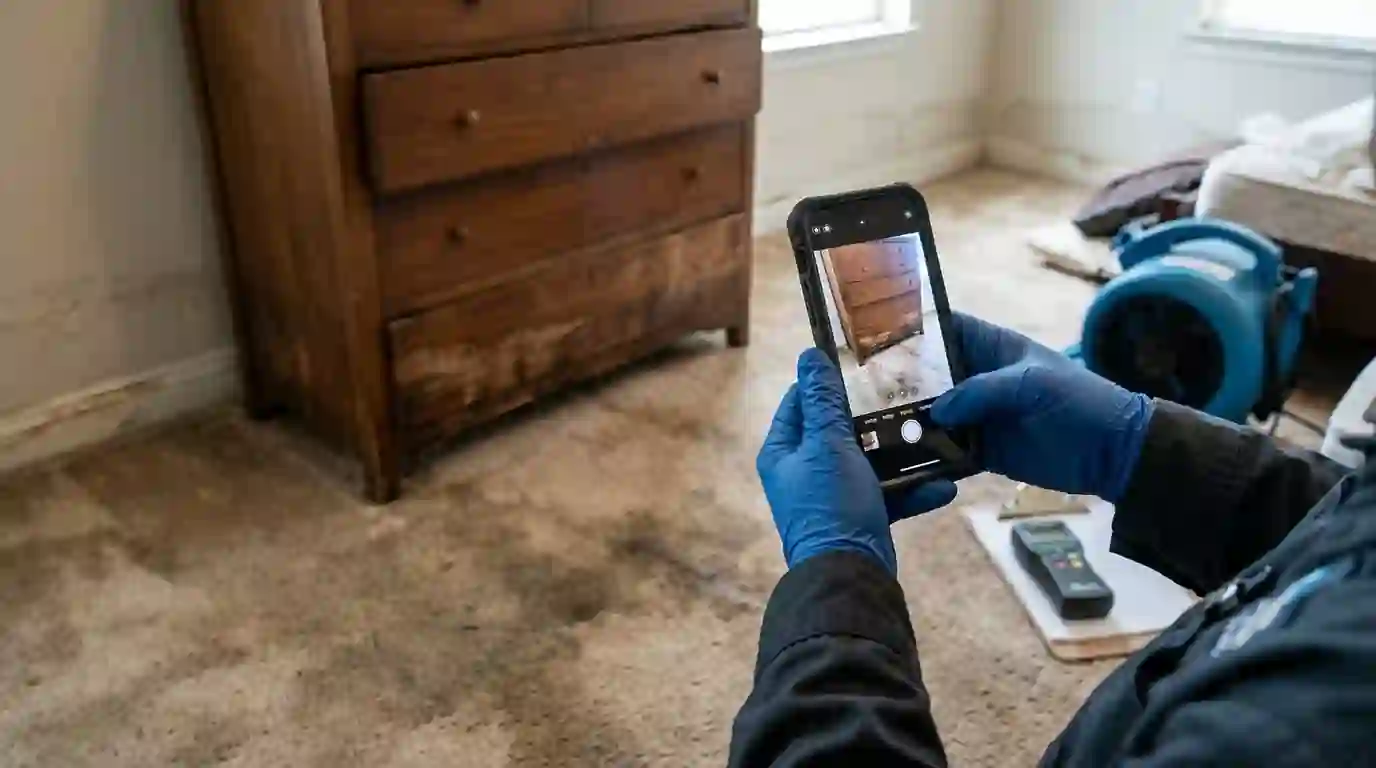 Photographing a water-stained dresser for the contents inventory