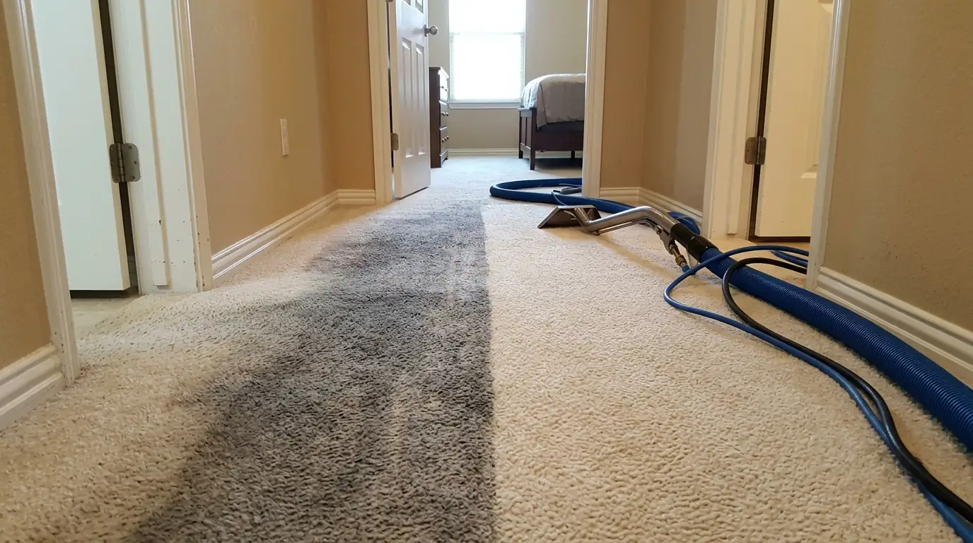Gray traffic lane in hallway carpet, partly cleaned