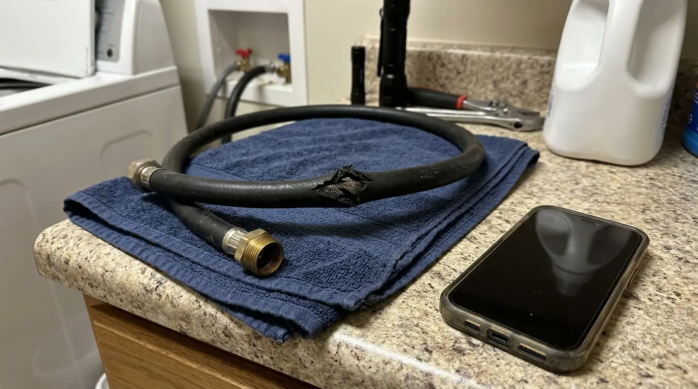 Failed washer hose kept as evidence for a water damage claim
