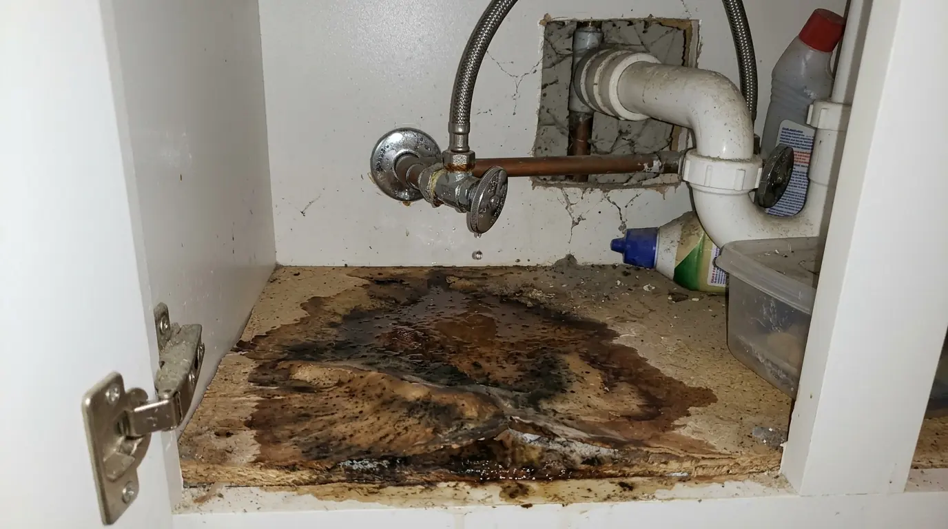 Water-stained vanity floor below a leaking shutoff valve