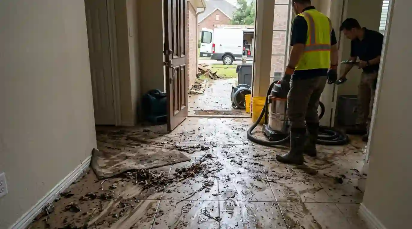 Silt left across an entry hallway after street flooding
