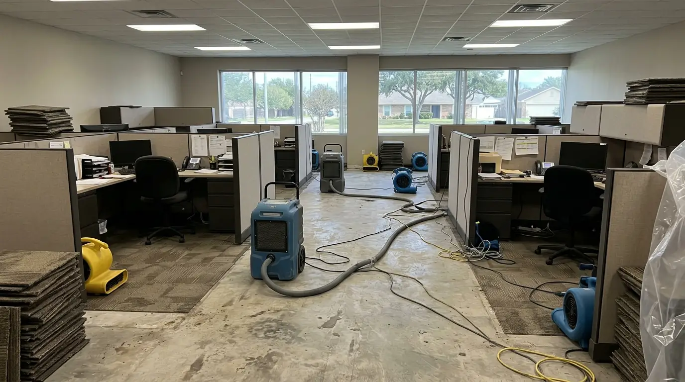 Carpet tiles lifted and dehumidifiers drying an office slab
